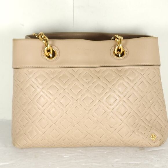 TORY BURCH Light Oak Fleming Diamond Quilted Small Gold Chain Tote Purse Bag - Picture 2 of 16